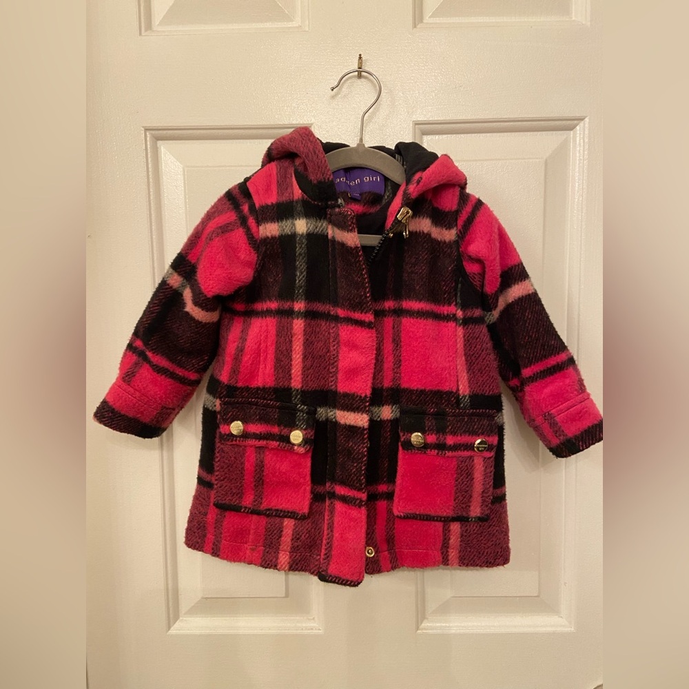 Madden Girl Pink and Black Plaid Kids Pea Coat with Hood